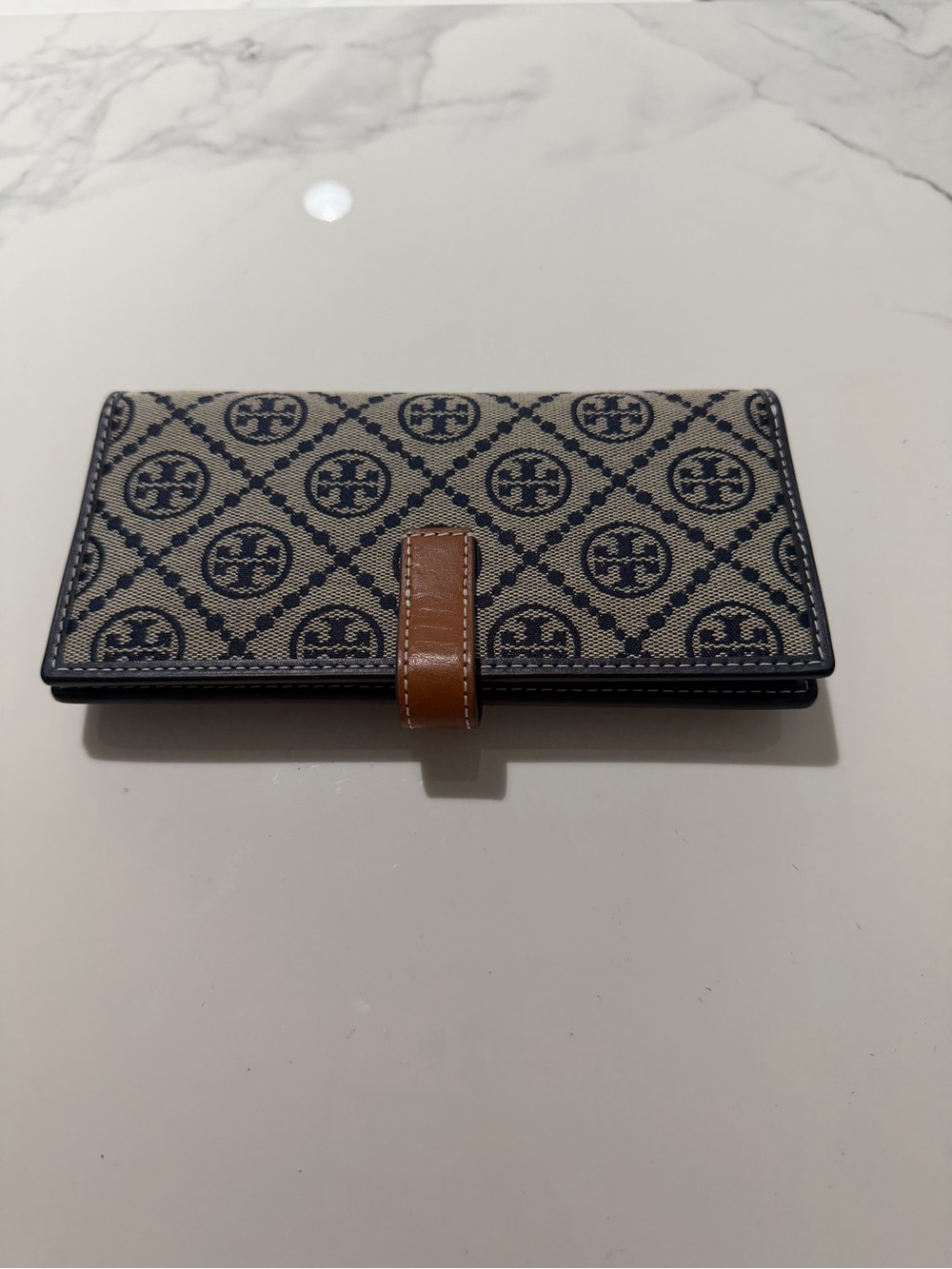 Tory Burch Navy Logo Canvas Continental Wallet with Brown Strap - Picture 3 of 6